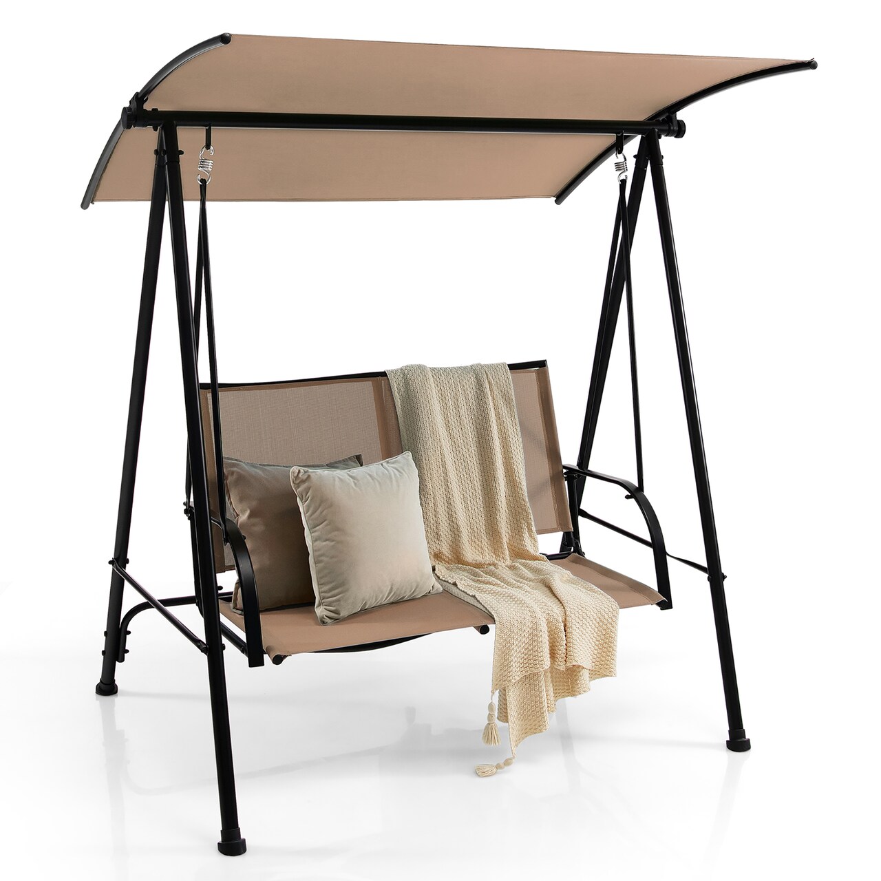 Costway 2-Seat Patio Swing Porch Swing with Adjustable Canopy for Garden Black/Dark Brown